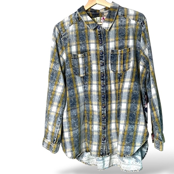 ARATTA SILENT JOURNEY Cotton Blend Button Front Mixed Print Shirt Roll Tab Sz L - Picture 3 of 13